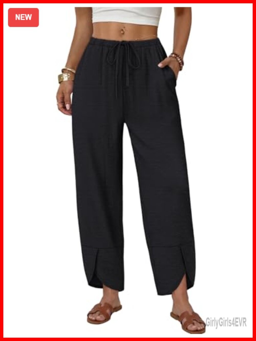 Wide Leg Palazzo Capri Pants with Pockets Drawstring Elastic Waist Flowy